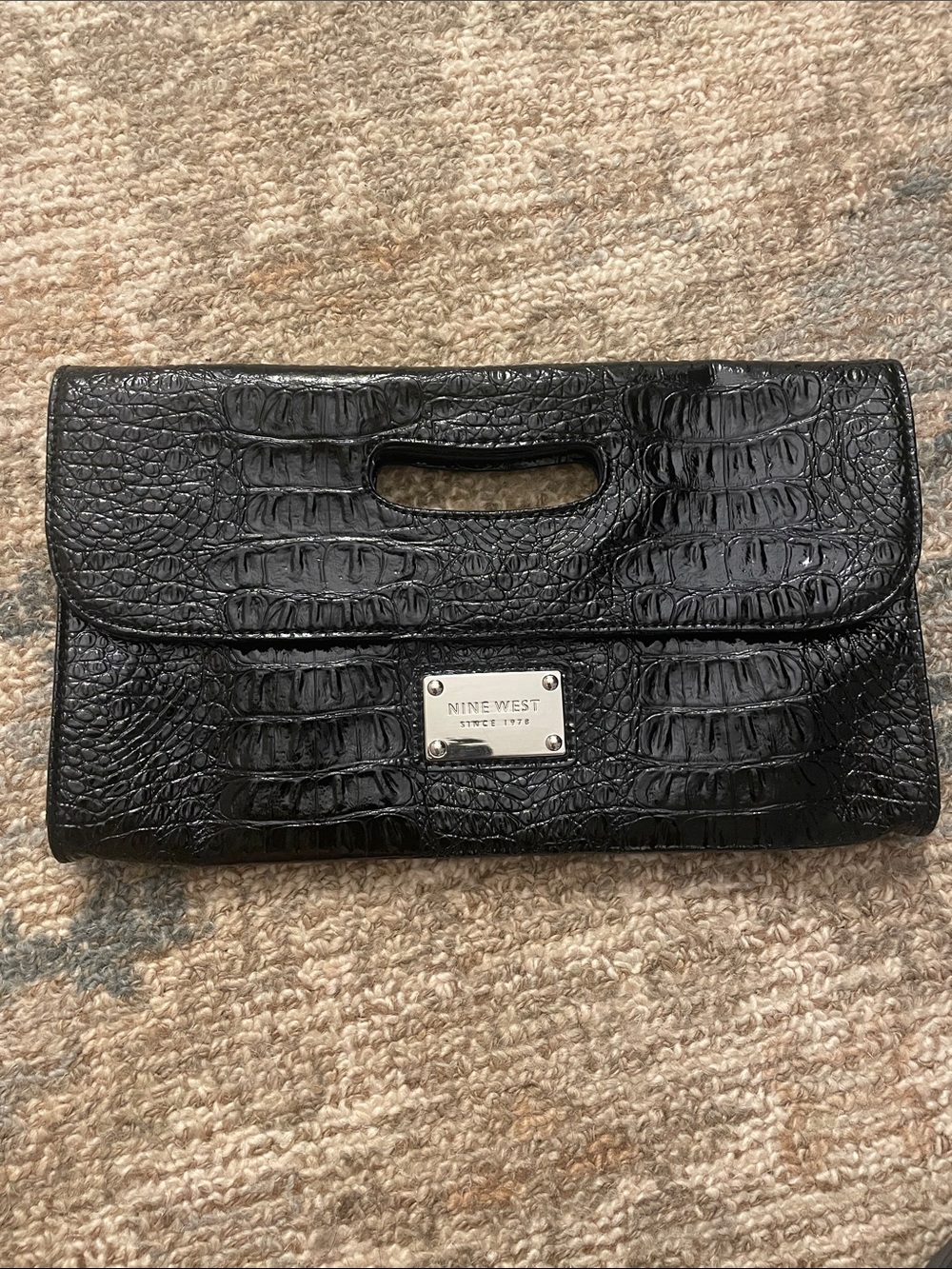Nine West Black Croc-Embossed Foldover Wristlet Clutch with Handle